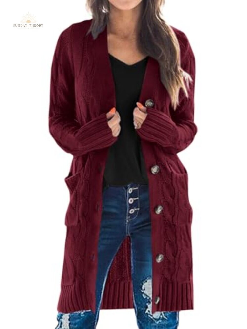 Womens Cable Knit Long Cardigan Button Down Sweater with Pockets